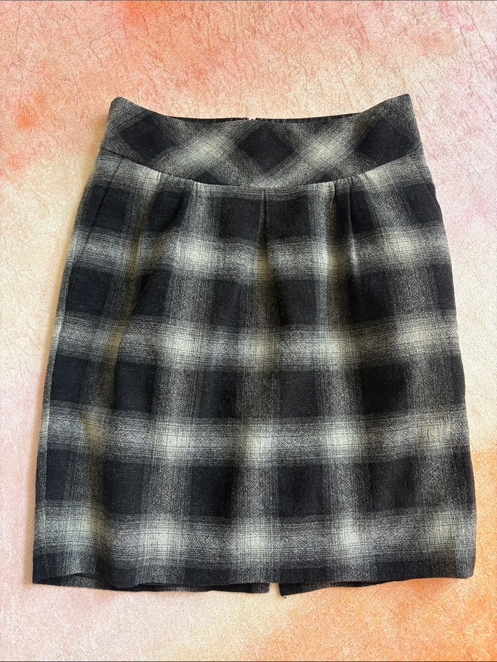 LOFT Black & Gray Plaid Pencil Wool Skirt